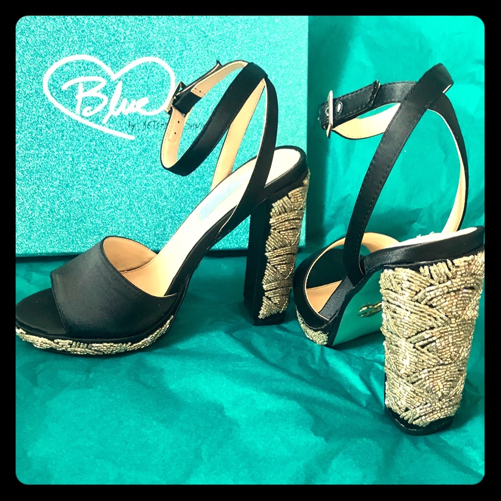 Betsy Johnson Black Satin Beaded 5 inch Heels!